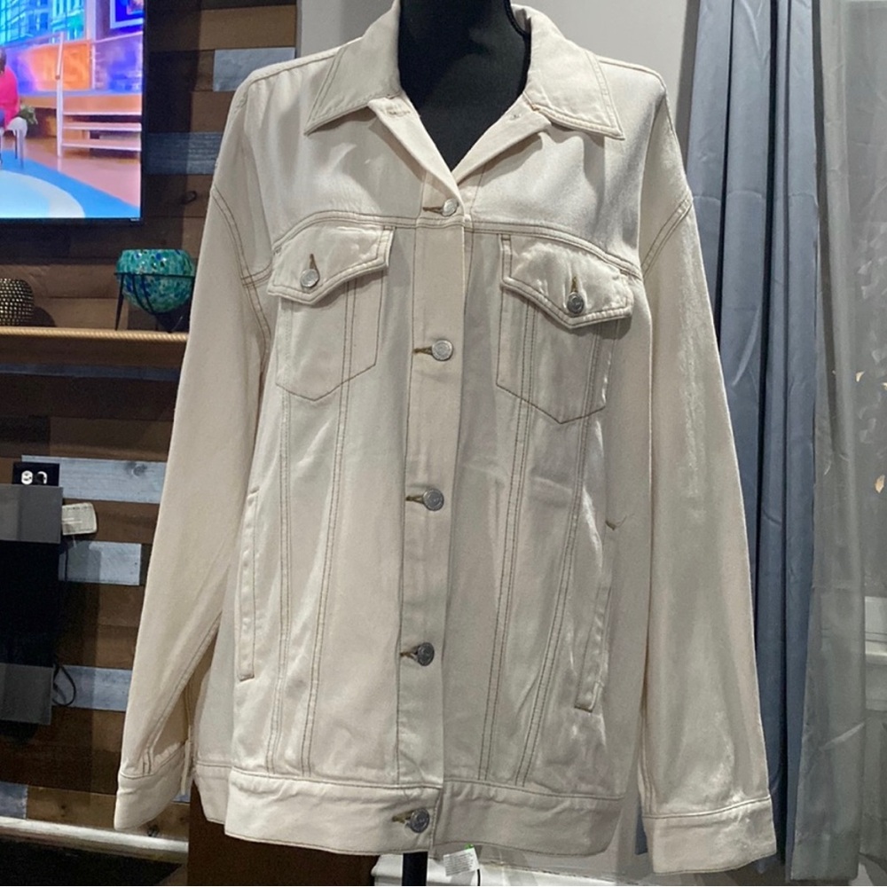 Ann Taylor LOFT Light Tan Denim Jacket w/ Brown stitching • Size L